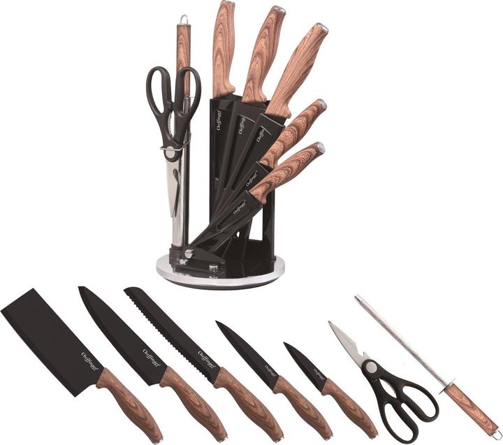 Produktbild Cheffinger 7-teiliges Messerset mit Griffen in Holzoptik und Halterung