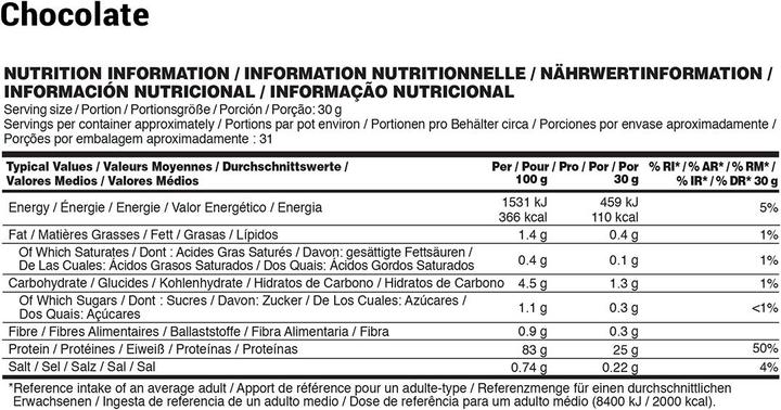 Valeurs nutritives et ingrédients Optimum Nutrition Isolat Gold Standard (Chocolate, 1 pcs, 930 g)
