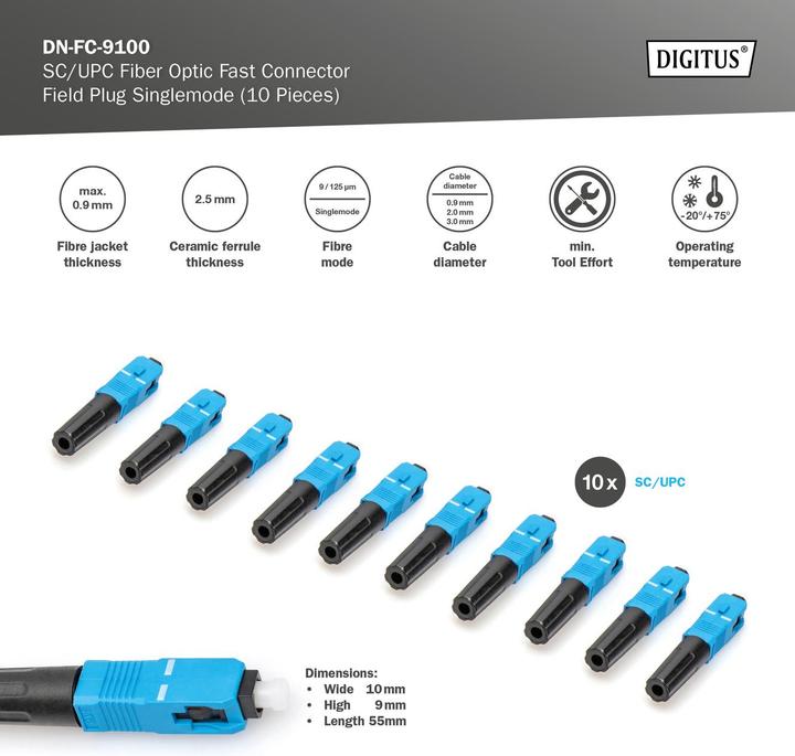 Image du produit Digitus Fiche de terrain fibre optique SC/UPC 10pcs Fast Connector (0.06 m)