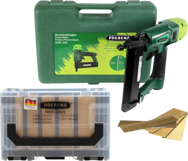 Prebena 2XR-J50 Druckluftnagler 4,0 - 7,0 Bar + PROFI-J-BOX Stauchkopfnägel Brads 12500 Stk. +