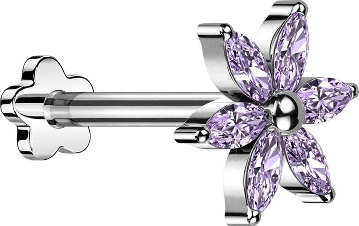 Star Piercing Micro Threadless Labret Blume silber Blume silber Kristalle violett (Titane G23, sans laiton)