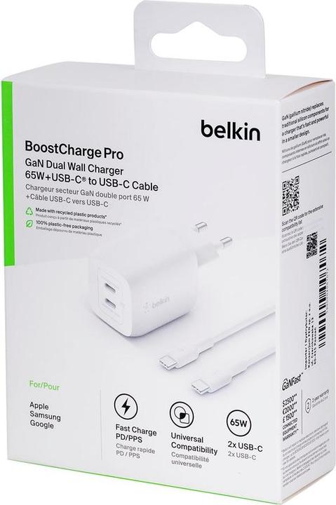 Image du produit Belkin Dual USB-C GaN Ladegerät mit Power Deliver und PPS Technologie inkl. 2 Meter USB-C Kabel (65 W)