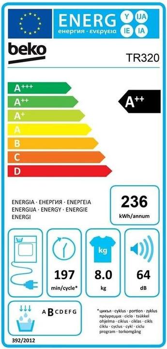 Label énergétique Beko Sèche-linge à pompe à chaleur 8 kgA (8 kg, Droite)