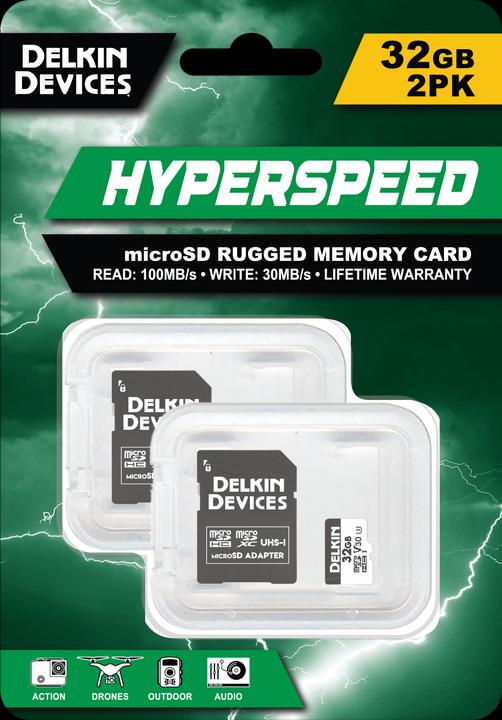 Produktbild Delkin 2x HYPERSPEED UHS-I (V30) microSD 32GB R:100MB/s W:75MB/s (32 GB, microSD, UHS-I)