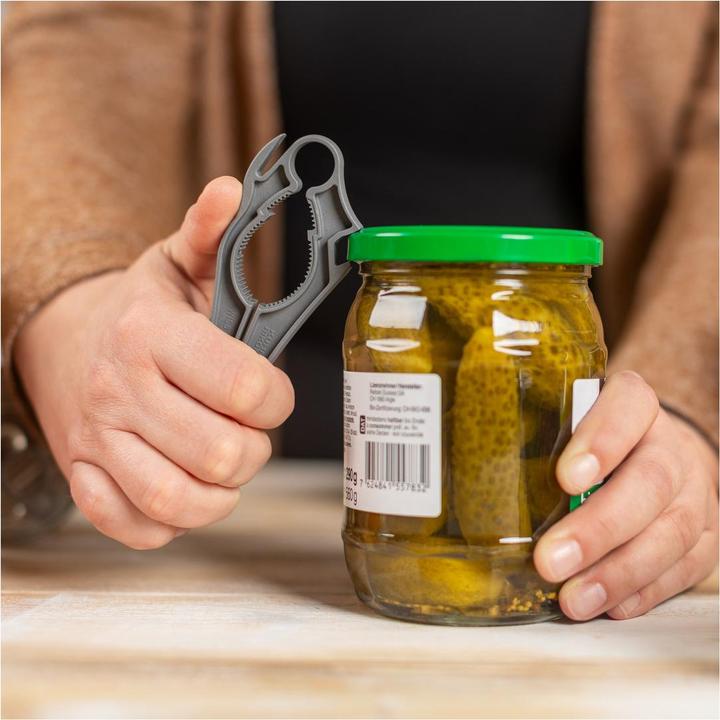 Immagine prodotto Kuhn Rikon Apriscatole svizzero 5 in 1 grigio (Apribottiglie con coperchio in plastica)