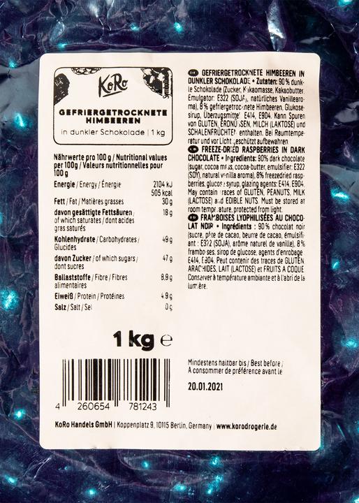 Actual product image KoRo Freeze-dried raspberries in dark chocolate (1000 g)