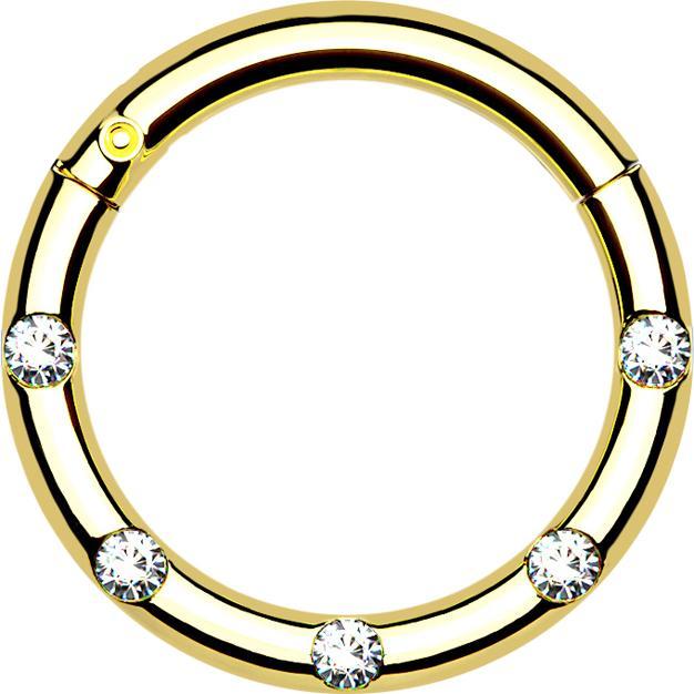 Produktbild Star Piercing Micro Segmentring klappbar vergoldet front fünf Kristalle silber (ohne Messing, Chirurgenstahl 316L)