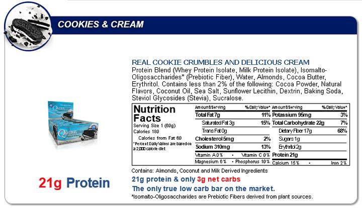 Nutritional values and ingredients Quest Bar (Cookies & Cream, 12 pcs., 720 g)
