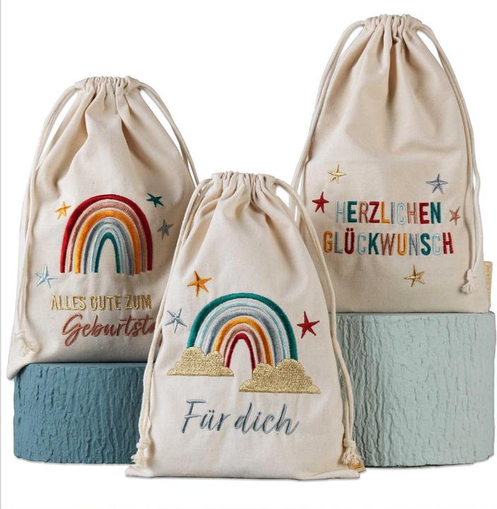 Produktbild Papierdrachen Leinensäcke Geburtstag Regenbogen 3er Set (Geschenktüte, 3 x)