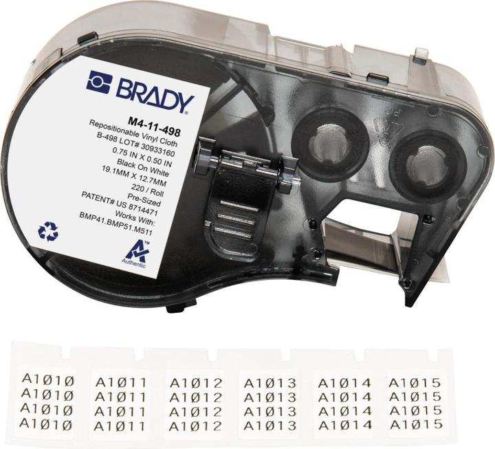 Image du produit Brady M4-11-498, tissu vinyle repositionnable, noir sur blanc, 19.05 x 12.70 mm, passage de câble max.