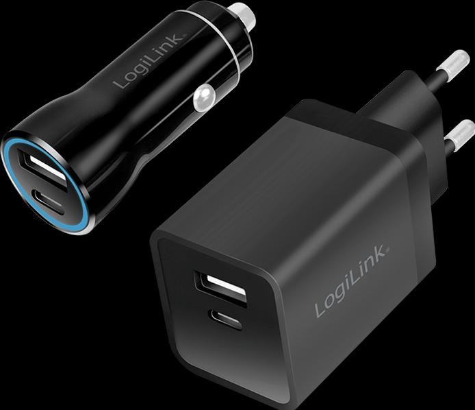 Produktbild LogiLink USB-Ladeadapter-Set, Auto & AC, USB-C/F + USB-A/F, 5 V/15 W, schwarz