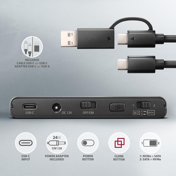 Immagine prodotto Axagon ADSA-CC USB-C - SSD NVMe M.2 e SSD/HDD SATA 2,5"/3,5" CLONE MASTER (M.2 2242, M.2 2230)