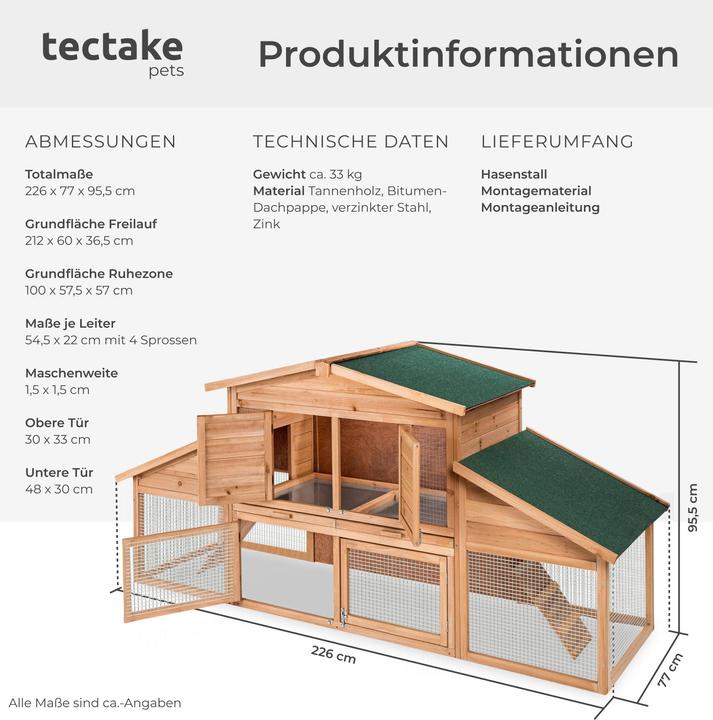Actual product image tectake Rabbit Hutch - wooden hen house, with 2 floors, 4 doors, run area