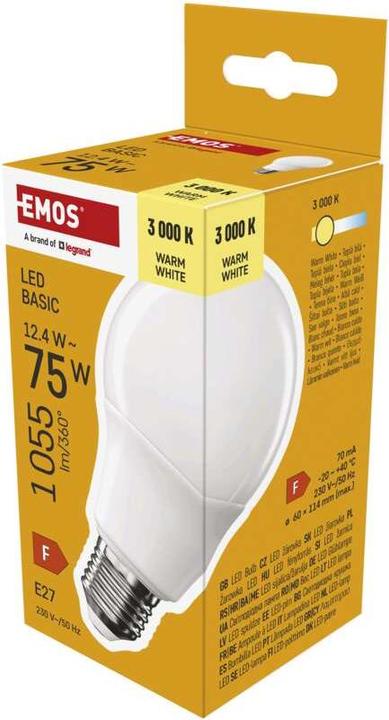 Produktbild Emos LED Lampe Basic A60 / E27 / 12,4 W (75 W) / 1055 lm / Warmweiss (E27, 12.40 W, 1055 lm, 1 x, F)