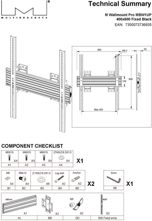 Produktbild Multibrackets Wandhalter, 40"-100", VESA 100x100-400x600 (Wand, 100", 80 kg)