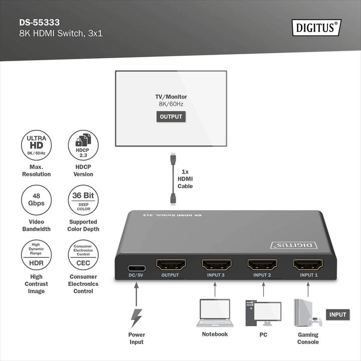 Actual product image Digitus 8K HDMI Switch, 3x1