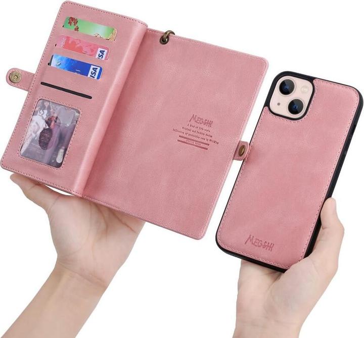 Image du produit Megshi iPhone 15 - 2-1 Étui portefeuille rose (Apple iPhone 15)