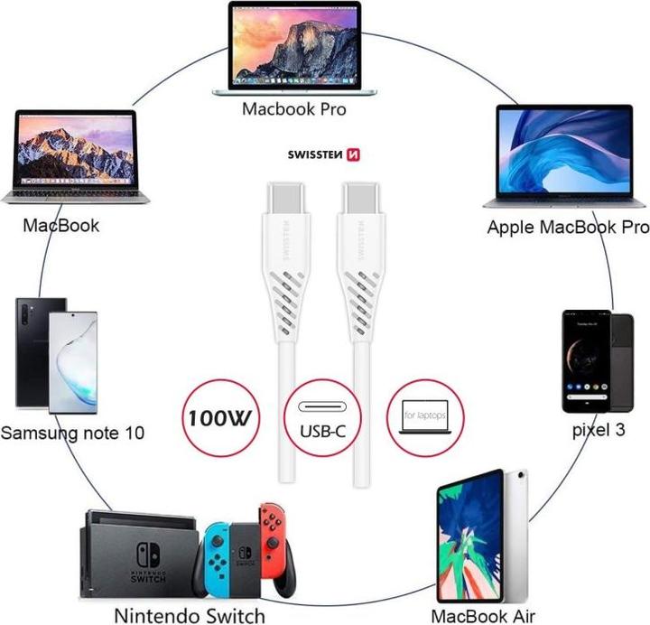 Produktbild Swissten Datenkabel TPE USB-C/USB-C Power Delivery 5A (100W) 2.5m Weiss (2.50 m, 100 W)