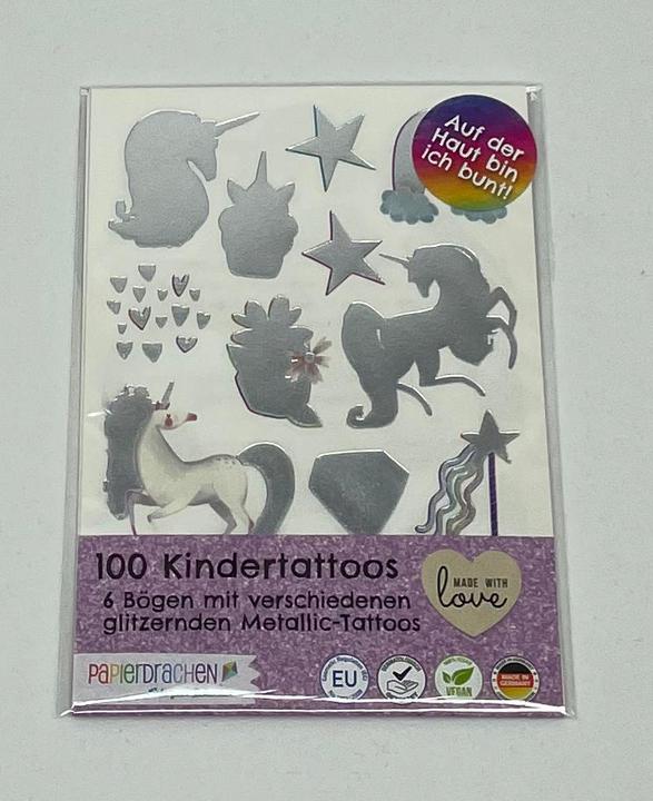 Actual product image Papierdrachen Metallic Tattoo Set 3 - Einhorn & Regenbogen