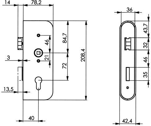 Productafbeelding Amf Slotkast 141ENIG-42PZ DIN L/R Ma A 42,5 Ma B 78,2 Ma C 208,4mm (10454) (2 mm)