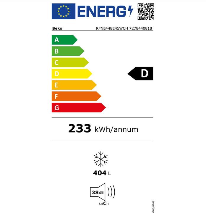 Label énergétique Beko RFNE448E45WCH (Autonome, 404 l)