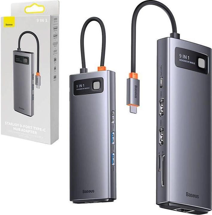 Actual product image Baseus Metal Gleam Series 9-in-1 Multifunctional Type-C HUB Docking Station Gray Type-C to HDMI*2+USB3.0*2 (USB-C, 9 Ports)