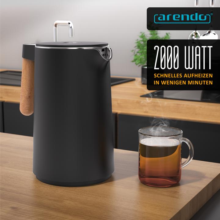 Produktbild Arendo Edelstahl Wasserkocher 1,5 L, 2200 W, Temperatureinstellung 45°C-100°C, Warmhaltefunktion, Schwarz (1.50 l)