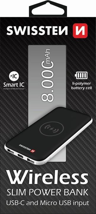 Produktbild Swissten Wireless Slim Powerbank 8000 mAh USB-C INPUT (8000 mAh, 29.60 Wh)