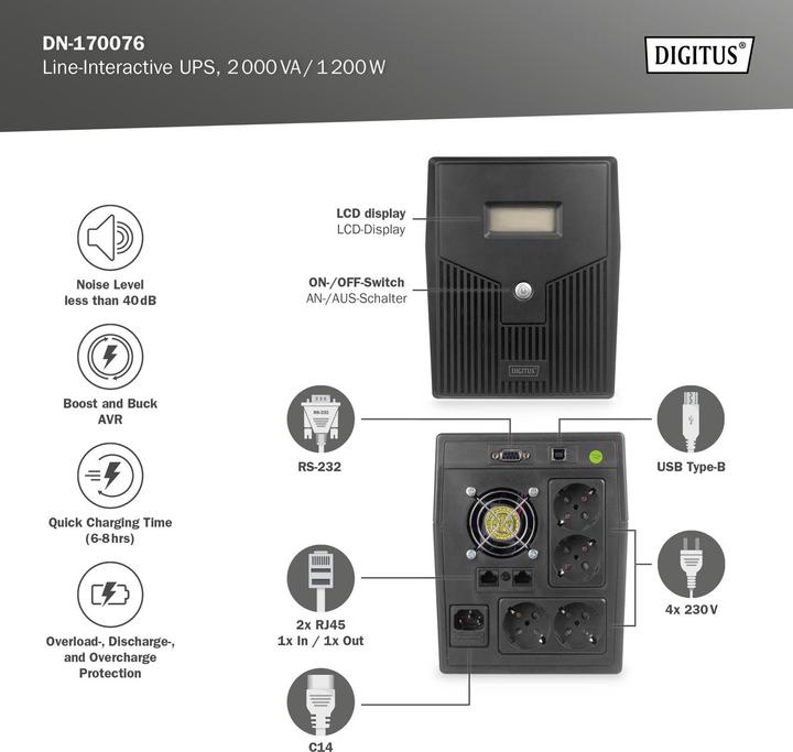 Produktbild Digitus Line Interactive USV 2000VA/1200W schwarz mit LCD 4xSchuko RJ11/RJ45 1xRS232 1xUSB AVR H205xB397x... (2000 VA, 1200 W, Line-Interaktiv USV)