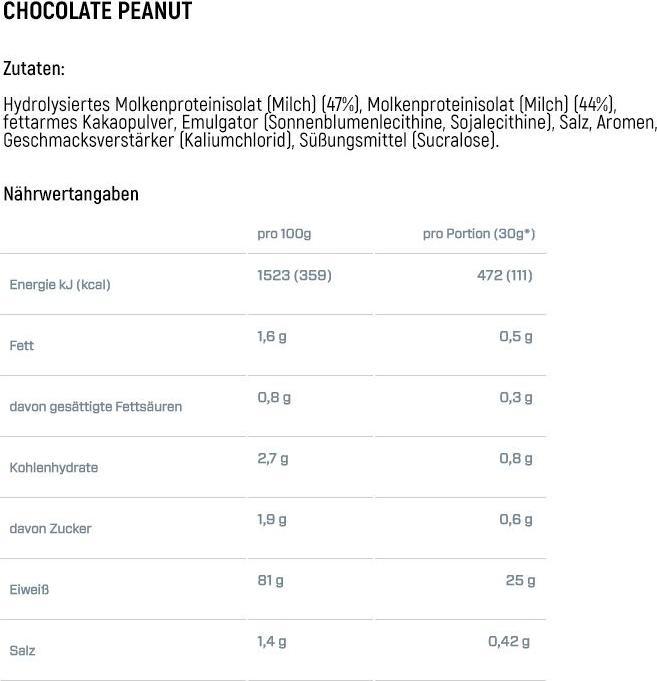 Valori nutrizionali e ingredienti Dymatize ISO 100 Idrolizzato (Cioccolato, Arachide, 1 pz., 2264 g)
