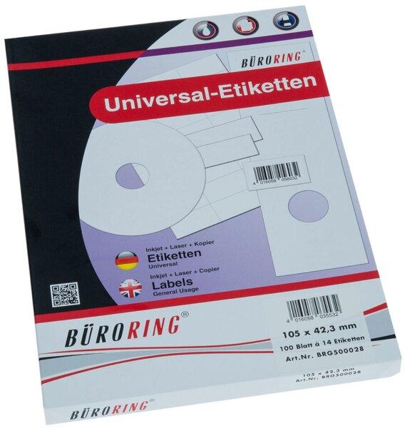 Produktbild Büroring Etiketten, 105 x 42,3 mm, weiss, 1.400 Etiketten, lösungsmittelfrei, Inkjet-, Laserdrucker, Kopierer