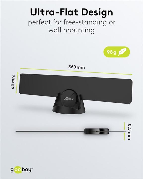 Produktbild Goobay Ultraflache Full HD DVB-T Zimmerantenne, inkl. LTE/4G Filter, Schwarz (Zimmerantenne, 16 dB, DVB-T / -T2)