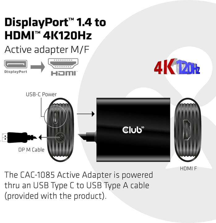 Produktbild Club 3D Adapter DP 1.4 auf HDMI 4K120Hz HDR Aktiver Adapter (HDMI, 6.20 cm)