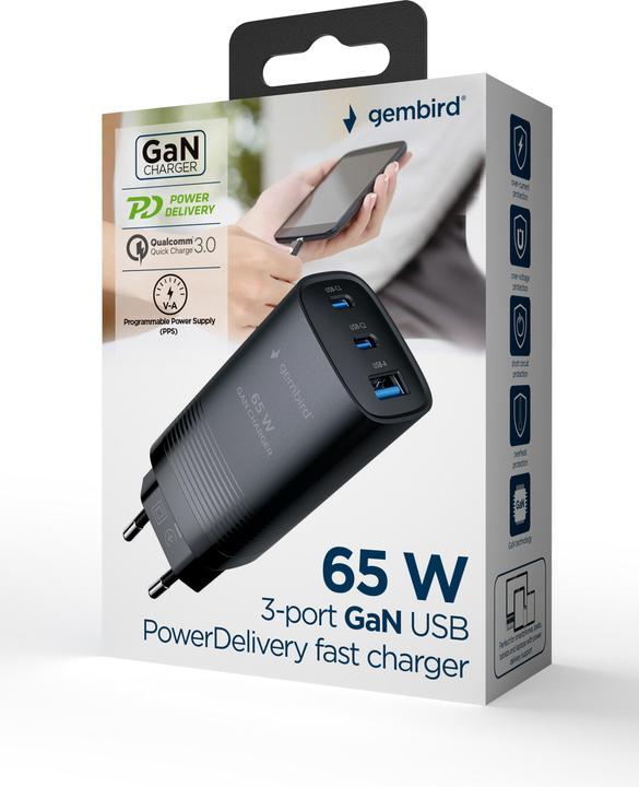 Produktbild Gembird Power Delivery Charger 1xA 2xC GaN Black (65 W)
