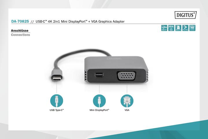 Image du produit Digitus Adaptateur graphique USB-C™ 4K 2 en 1 Mini DisplayPort + VGA (Mini DP, VGA, 20 cm)
