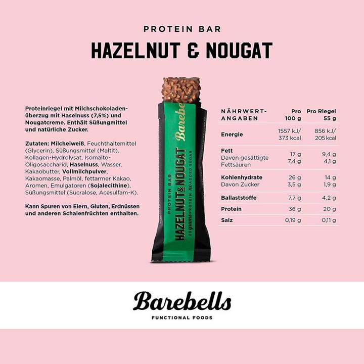 Valeurs nutritives et ingrédients Barebells Protein Bar (Hazelnut Nougat, 12 pcs, 660 g)