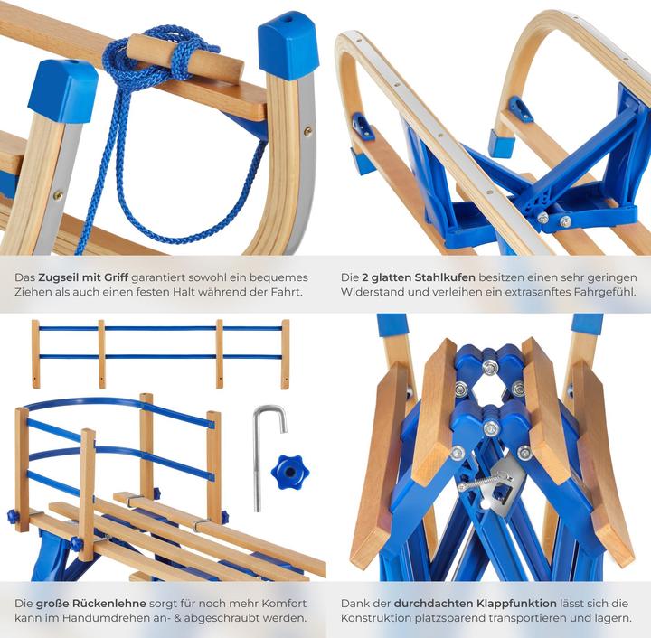 Immagine prodotto tectake Holzschlitten Vivian, klappbar mit Rückenlehne und Zugseil