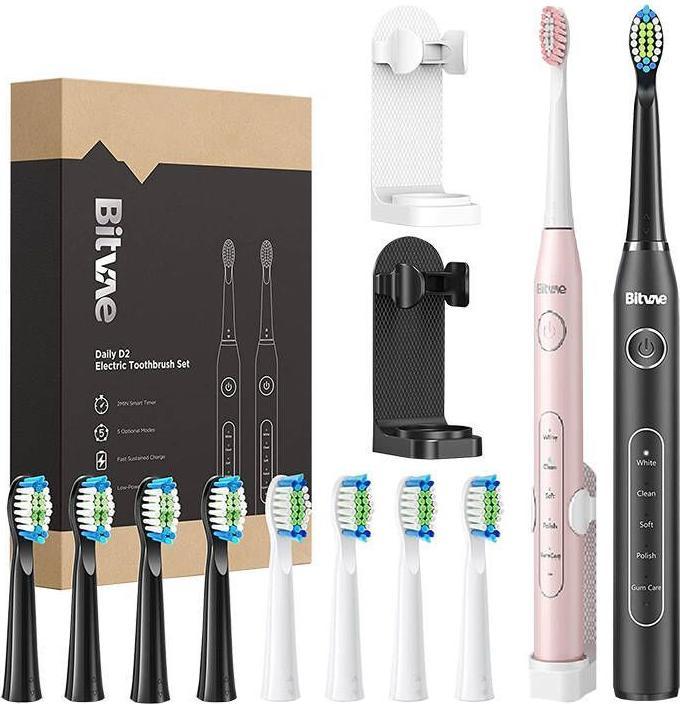 Image du produit Bitvae Brosses à dents soniques avec embouts et 2 supports de brosse à dents D2+D2 (rose et noir) (Brosse à dents sonique)