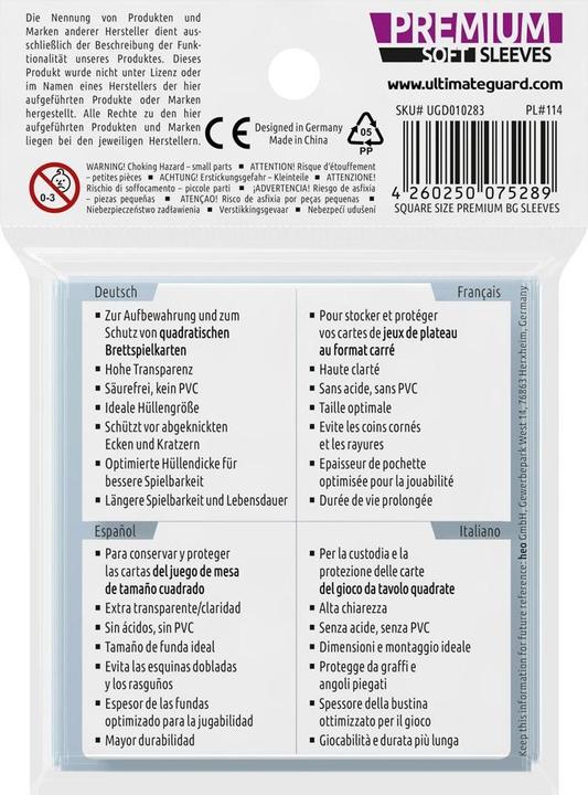 Actual product image Ultimate Guard UGD010283 - Premium 50 Soft Sleeves for Board Game Cards Square, 73 x 73 mm