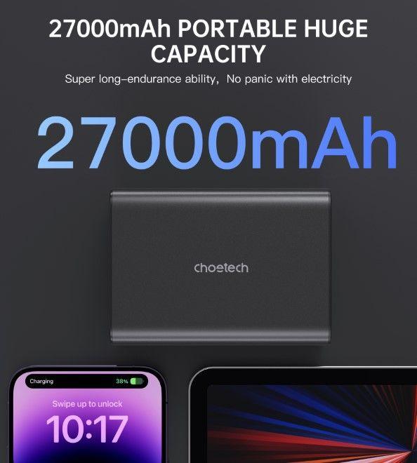 Produktbild Choetech B635BK USB-A / USB-C Powerbank 22,5W 27000mAh - schwarz (27000 mAh, 222.50 W, 99.90 Wh)