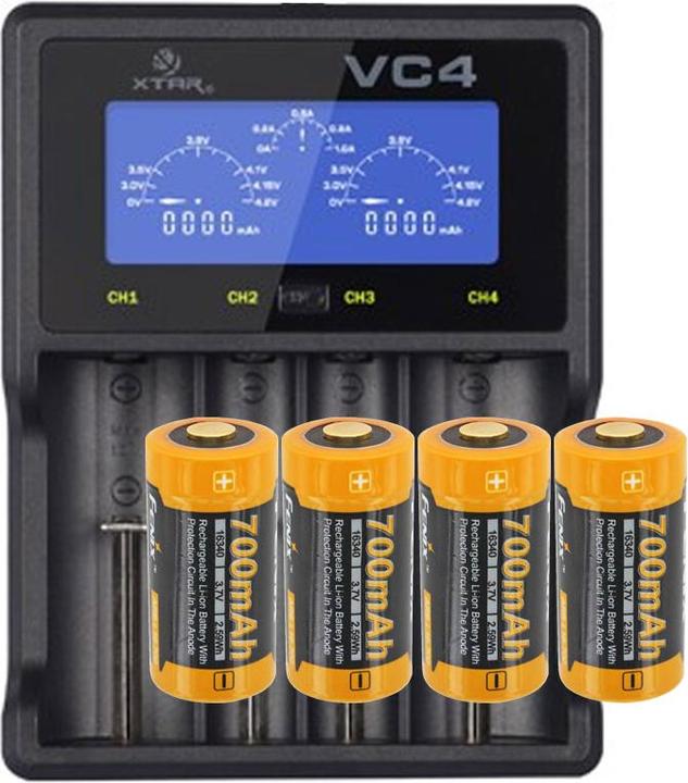 Actual product image Fenix Battery CR123 A 4 pieces and LCD fast charger (4 pcs., CR123A, 760 mAh, Rechargeable battery)