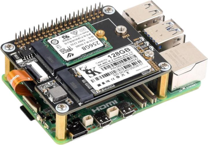 Actual product image WaveShare PCIe to M.2 HAT+ double SSD adapter for Raspberry Pi 5