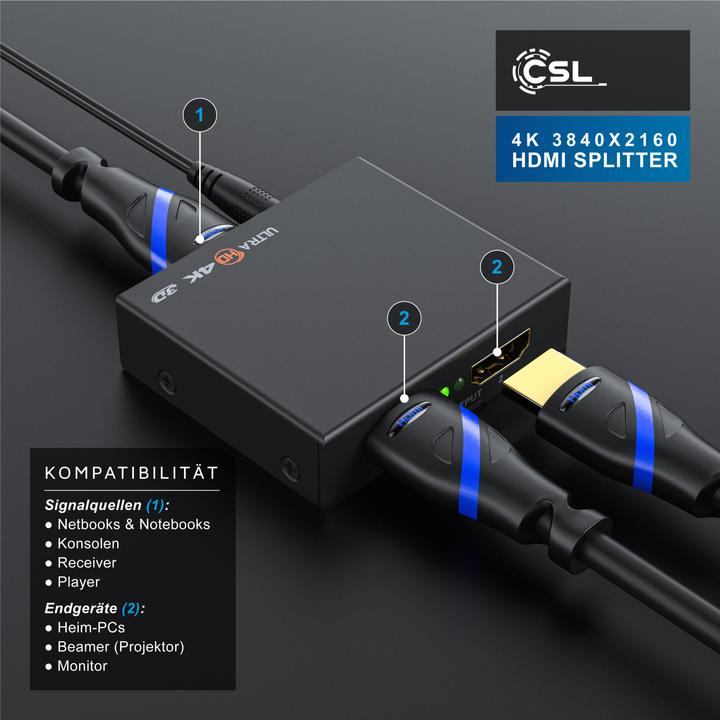 Produktbild CSL HDMI Splitter, Mini 4K UHD 2-Port Verteiler 1x HDMI Eingang zu 2x HDMI Ausgang, Ultra HD 2160p