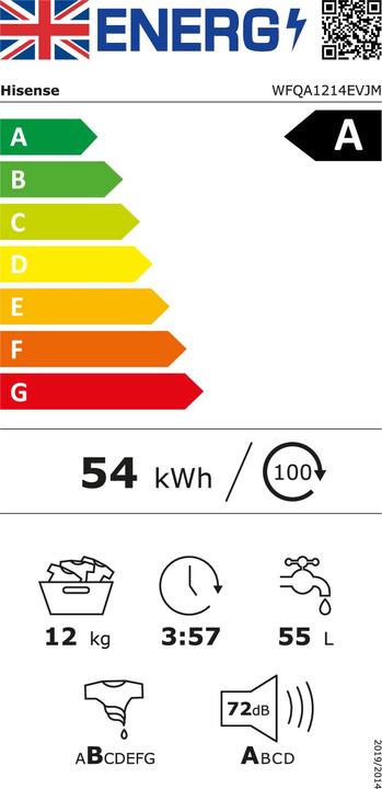 Label énergétique Hisense Lave-linge WFQA1214EVJM Chargement frontal 12 kg EEK A 1400upm Vapeur Inverter (12 kg, Gauche)