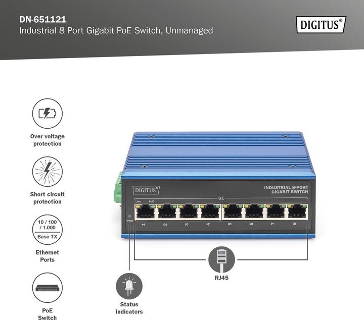 Produktbild Digitus Industrieller 8-Port Gigabit PoE Switch (8 Ports)