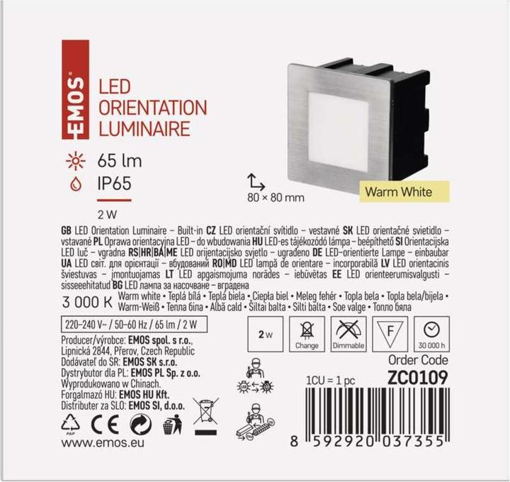Immagine prodotto Emos Luce LED per scale - luce da incasso 80×80, 1,5W bianco caldo IP65 (65 lm)