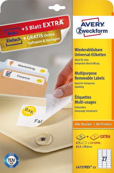 Actual product image Avery L4737REV-25, Stick&Lift labels 63.5x29.6mm, white