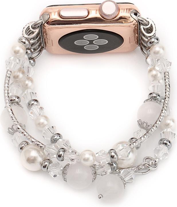 Produktbild Hermex Apple Watch 44mm / 42mm Damen Luxus Charm Armband Perlen SILBER WEISS