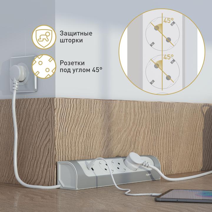 Actual product image Legrand Corner socket strip 3x socket, USB-A, USB-C, without cable Ultra white/aluminium 694504 (3 x)