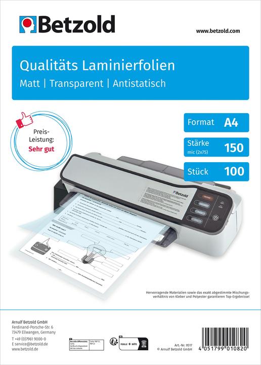 Produktbild Betzold Karton mit 100 Laminierfolien matt, DIN A4, 150 mic (A4, 100 Stück, 150 µm)